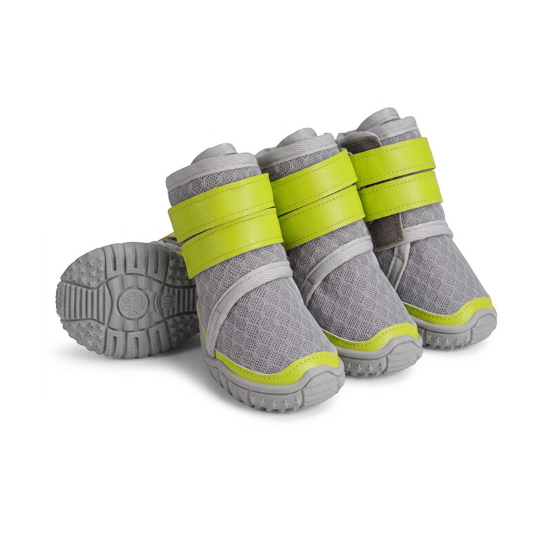 Paw Clad Durable Walking Shoes For Large Dogs Neon Lime Variant Neon lime and grey durable walking shoes for large dogs featuring vibrant neon green double secure straps.