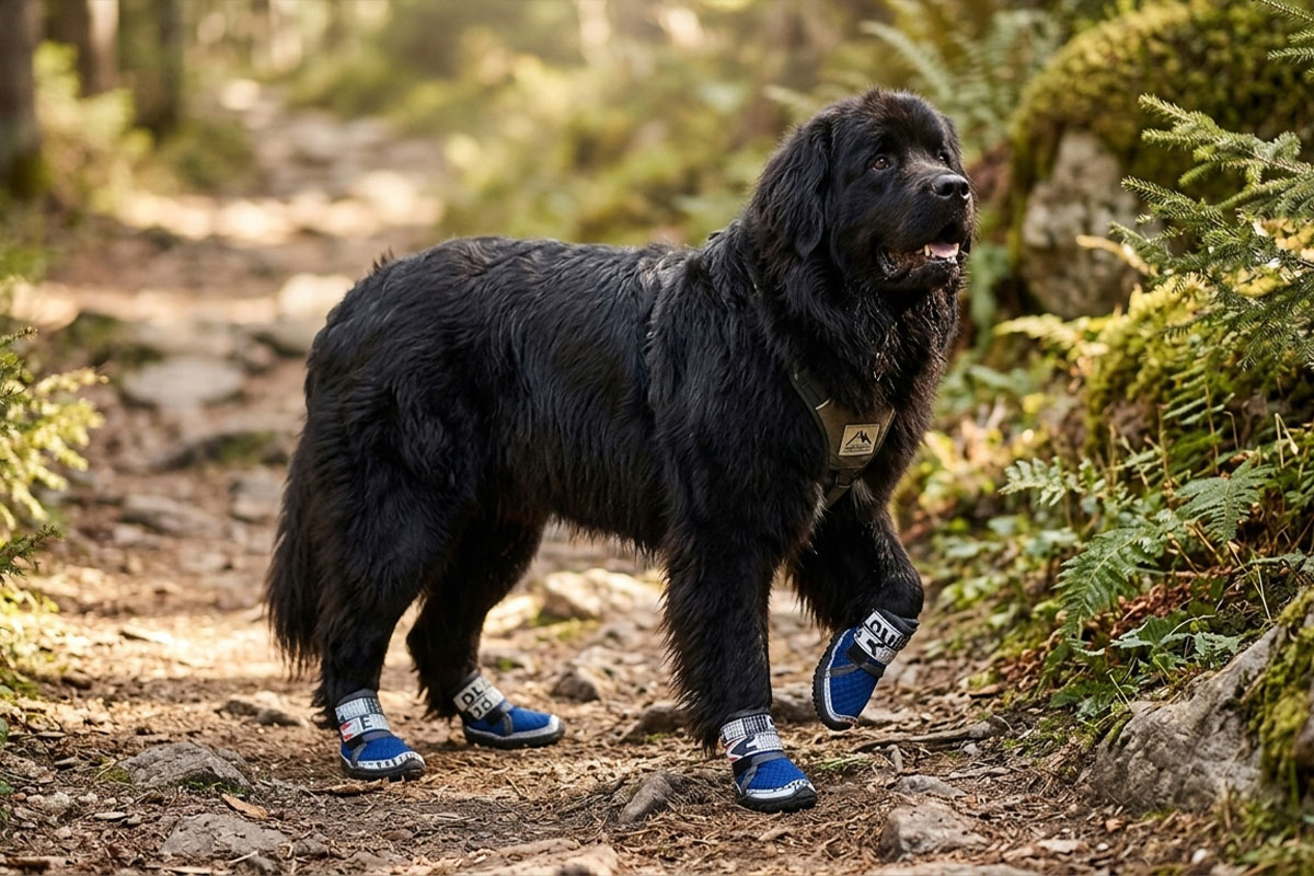 Massive black Newfoundland dog trekking carefully over river rocks wearing durable walking shoes for large dogs.