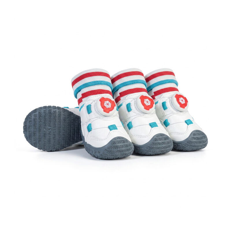 Paw Clad Large Breed Heavy Duty Protective Footwear Red and Gray Model Red and gray durable walking shoes for large dogs showing the thickened gray non slip traction outsole pattern.