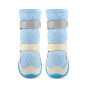 Front view of easy-on-off dog boots featuring adjustable double hook-and-loop straps and wide opening design.