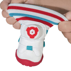 Elastic Knit Ribbed Collar Flexibility Stretch Test Hands stretching the highly flexible ribbed collar of easy-on-off dog shoes to showcase the wide opening gusset.