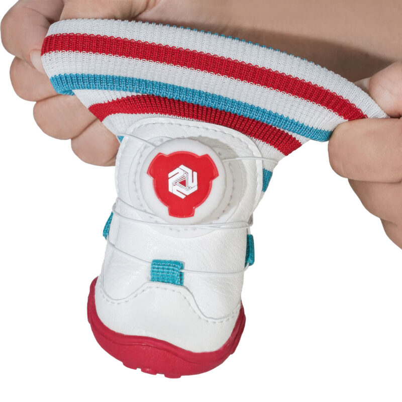 Elastic Knit Ribbed Collar Flexibility Stretch Test Hands stretching the highly flexible ribbed collar of easy-on-off dog shoes to showcase the wide opening gusset.