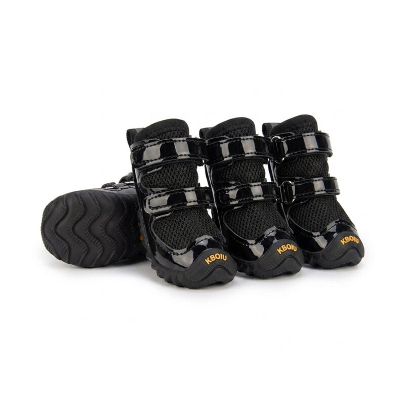 All Black Sleek Gloss Pet Booties Stealth Black Collection Stealth black easy-on-off dog shoes with wide gusset opening and double wrap-around safety straps.