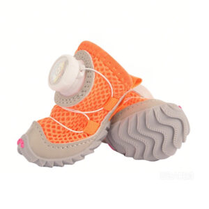 Tangerine Orange Easy-On-Off Summer Dog Shoe Profile Side look at a tangerine orange easy-on-off summer dog shoe next to its grey wave tread non-slip outsole.