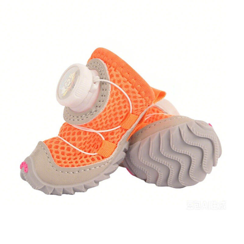Tangerine Orange Easy-On-Off Summer Dog Shoe Profile Side look at a tangerine orange easy-on-off summer dog shoe next to its grey wave tread non-slip outsole.