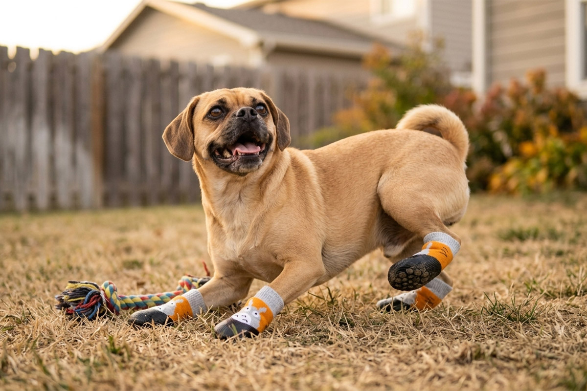 Puggle stretching on dry grass next to a toy while wearing gray and orange eco-friendly rubber dog socks.