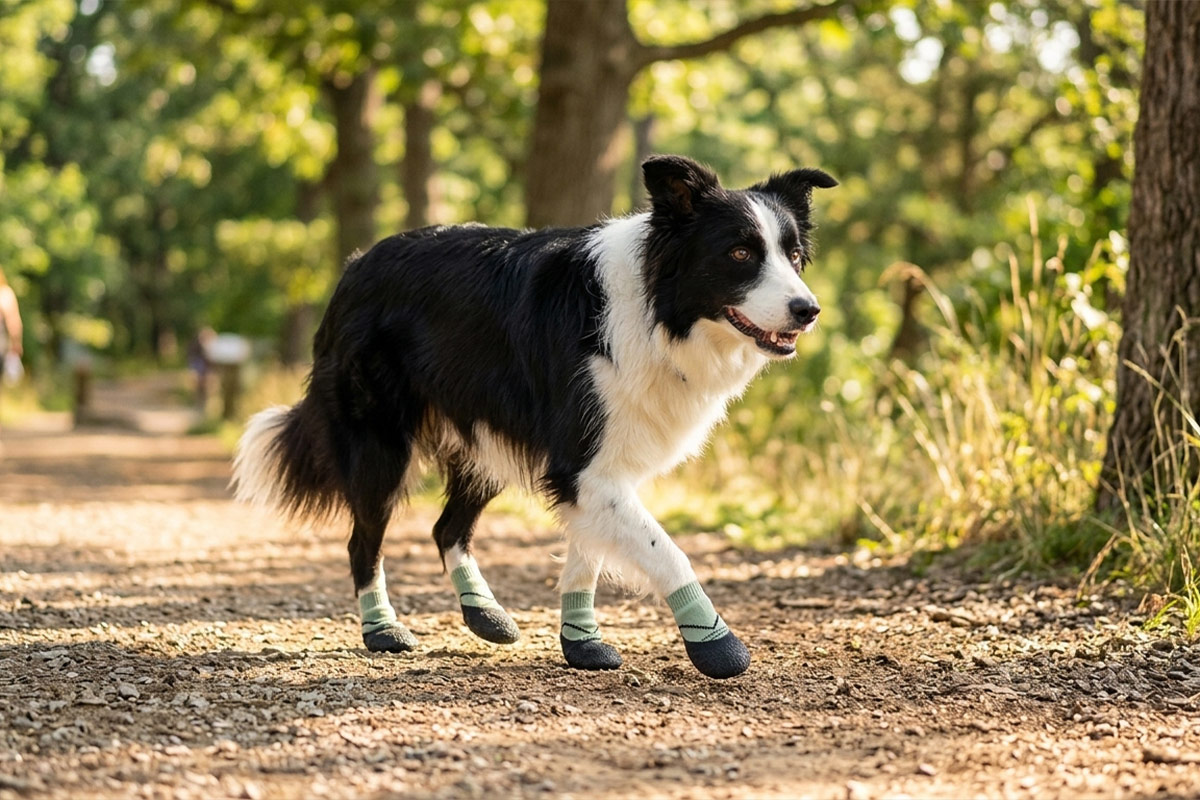 A black and white Border Collie hiking through a forest pathway wearing sage green elastic cuff dog booties.