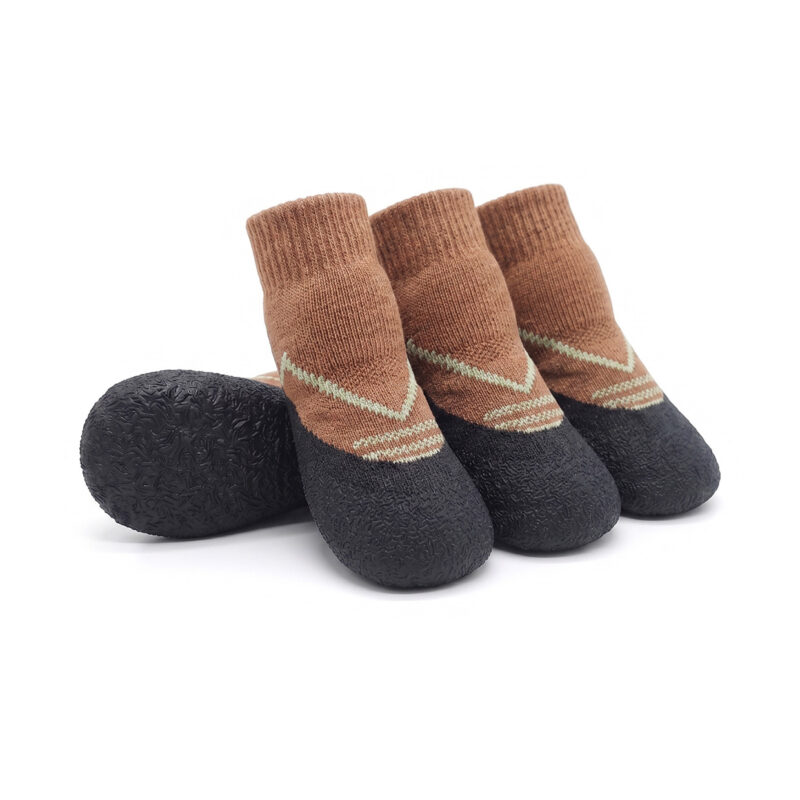 Mocha brown elastic cuff dog booties highlighting light green knit details and an integrated black rubber outsole.
