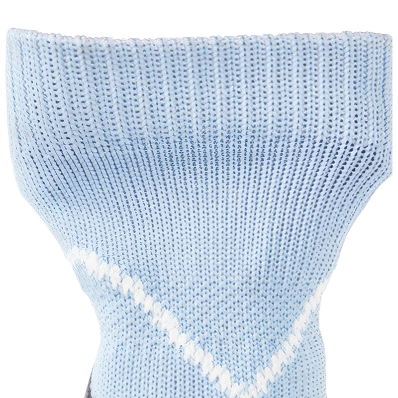 High-magnification profile showcasing the flexible yarn retention band on sky blue elastic cuff dog booties.