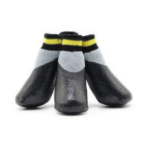 Three silver gray elastic cuff dog socks showcasing the snug ankle collar and flexible non-slip dip.