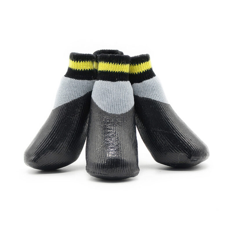 Three silver gray elastic cuff dog socks showcasing the snug ankle collar and flexible non-slip dip.