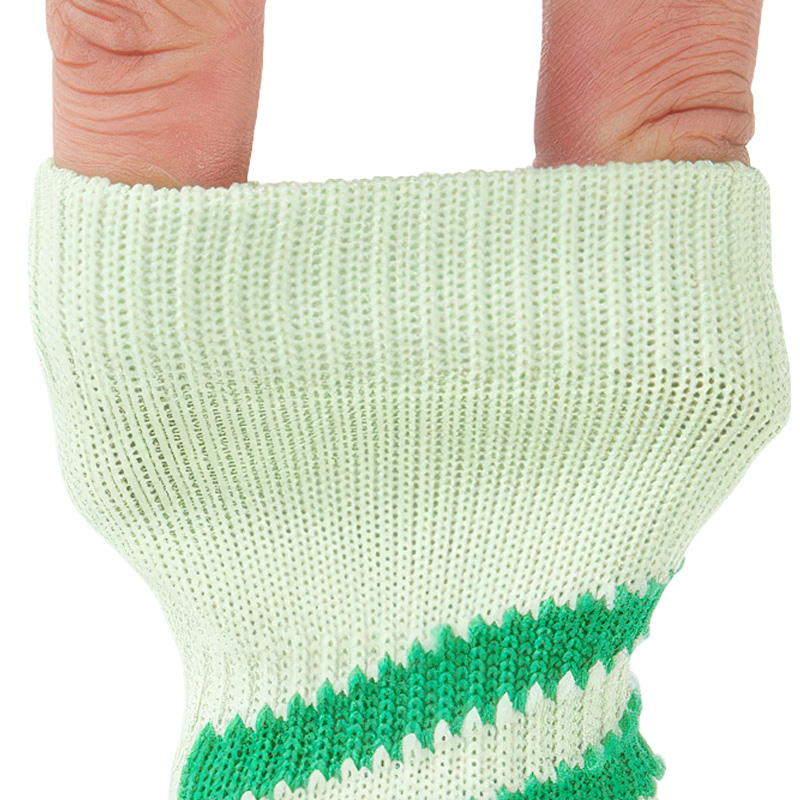 Close-up view of fingers expanding the high-stretch ribbing on elastic cuff knit dog booties.