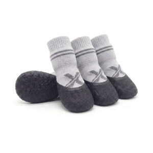 Silver gray elastic cuff puppy socks showing a high-resilience compression sleeve and textured non-slip rubber bottom.
