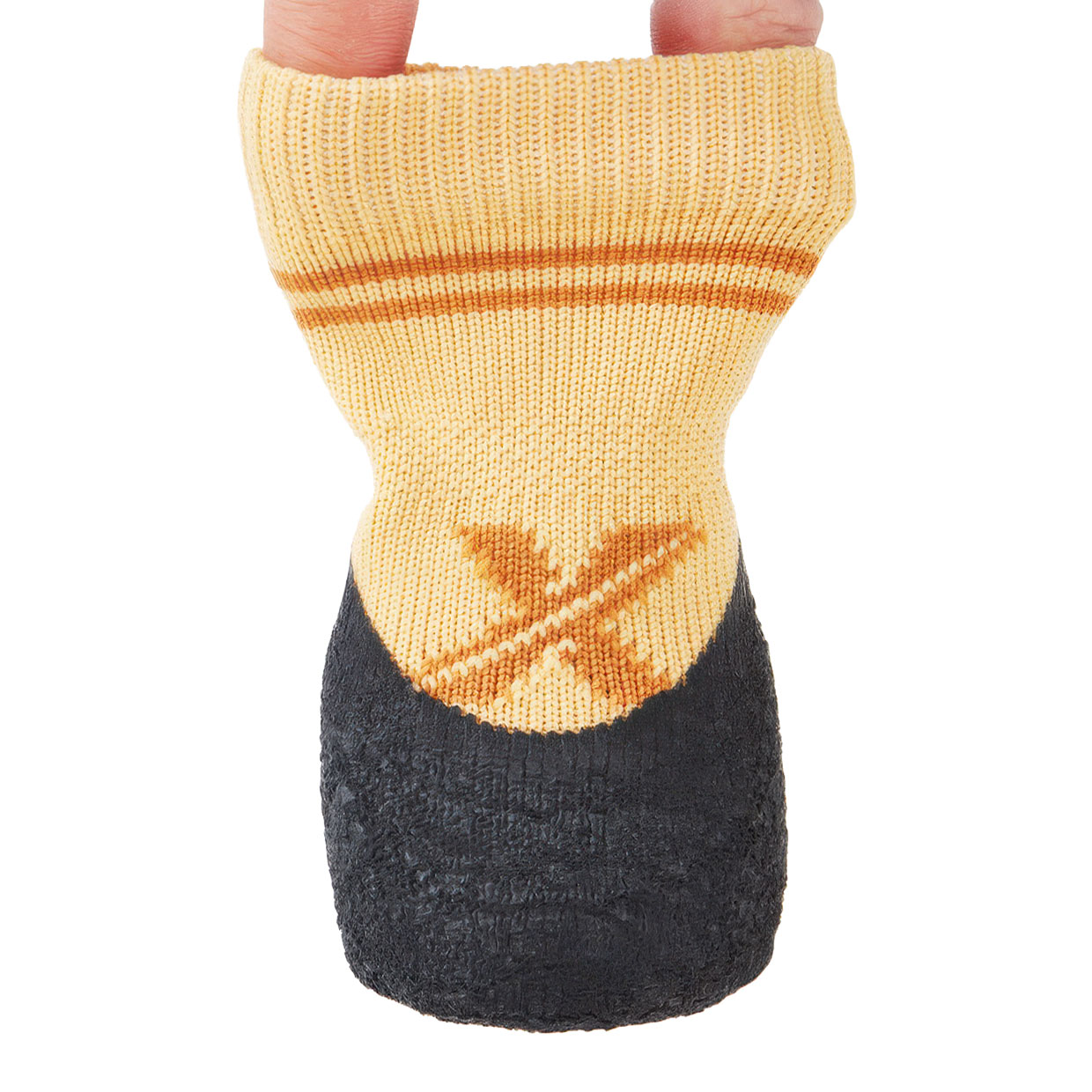 Fingers expanding the high-elastic collar of elastic cuff puppy socks to demonstrate structural resilience.