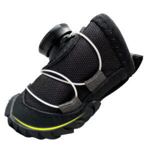 Lateral profile look at a stealth black ergonomic dial dog shoe focusing on the white wire cable routing paths.