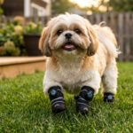 A small tan and white Shih Tzu trotting across green backyard grass wearing stealth black ergonomic dial dog shoes.