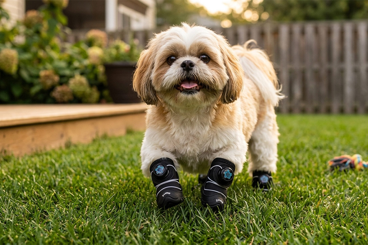 A small tan and white Shih Tzu trotting across green backyard grass wearing stealth black ergonomic dial dog shoes.