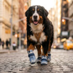 Bernese Mountain Dog walking on urban cobblestones wearing denim fashionable dog shoes for large dogs.
