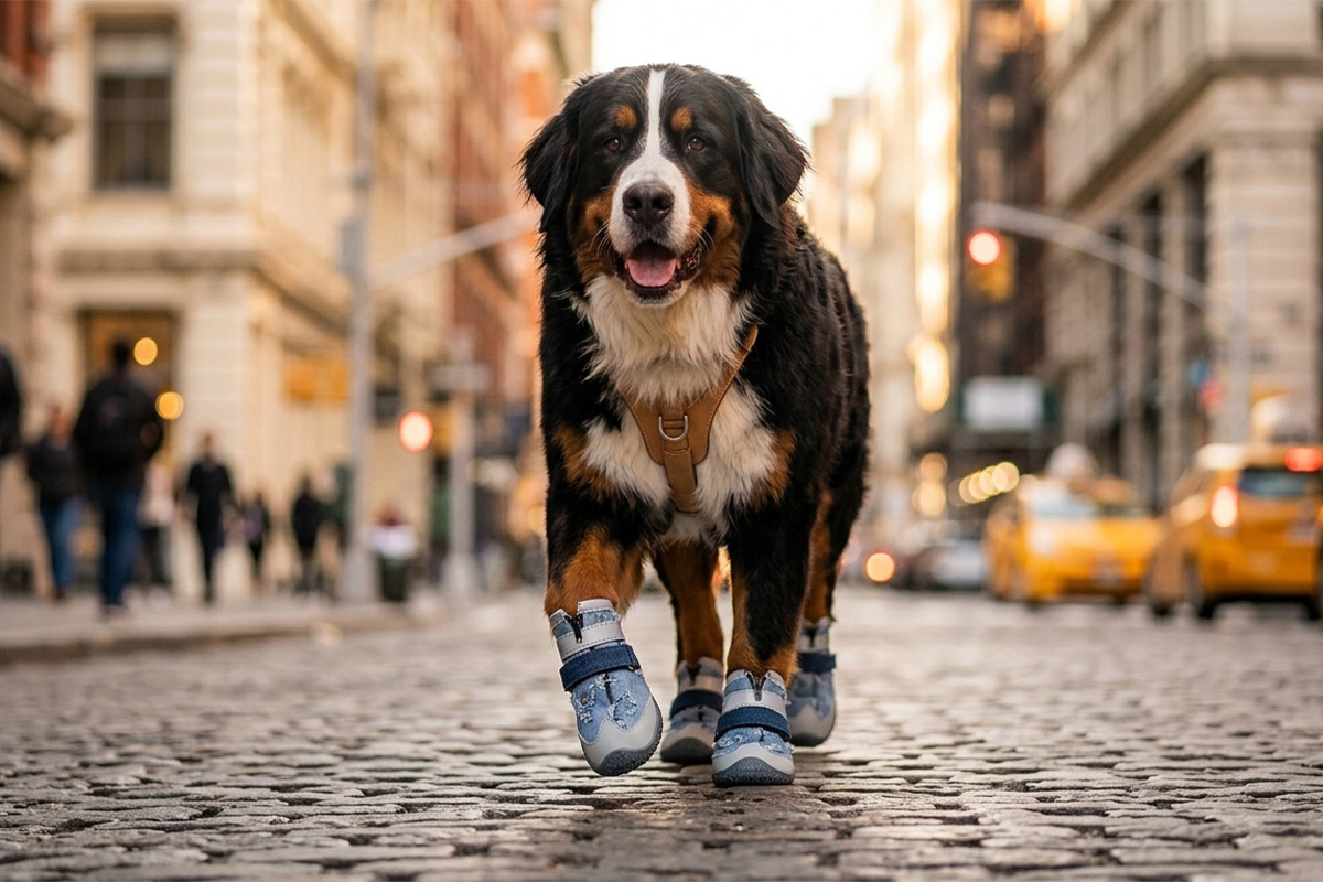 Bernese Mountain Dog walking on urban cobblestones wearing denim fashionable dog shoes for large dogs.