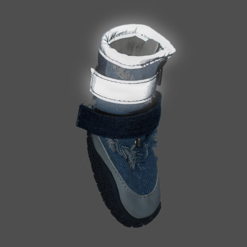 High Visibility Retroreflective Silver Collar Night Safety Demonstration Denim dog bootie under low light showcasing the extreme bright light flash of the silver retroreflective safety collar.
