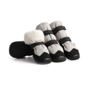 Fleece-lined dog boots in silver gray showing four winter booties with thick white plush lining and black rubber outsoles.