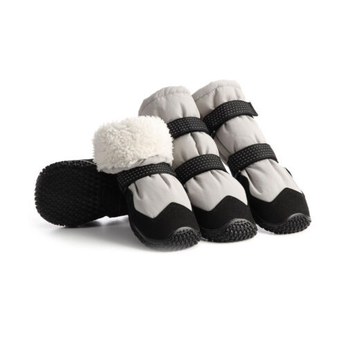 Fleece-lined dog boots in silver gray showing four winter booties with thick white plush lining and black rubber outsoles.