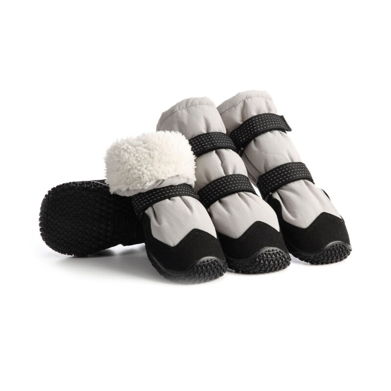Fleece-lined dog boots in silver gray showing four winter booties with thick white plush lining and black rubber outsoles.