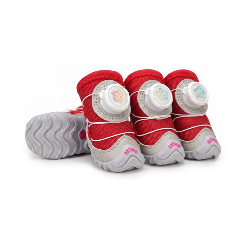 Crimson red fleece-lined dog shoes showcasing vibrant red uppers, gray leather mudguards, and white wire dials.