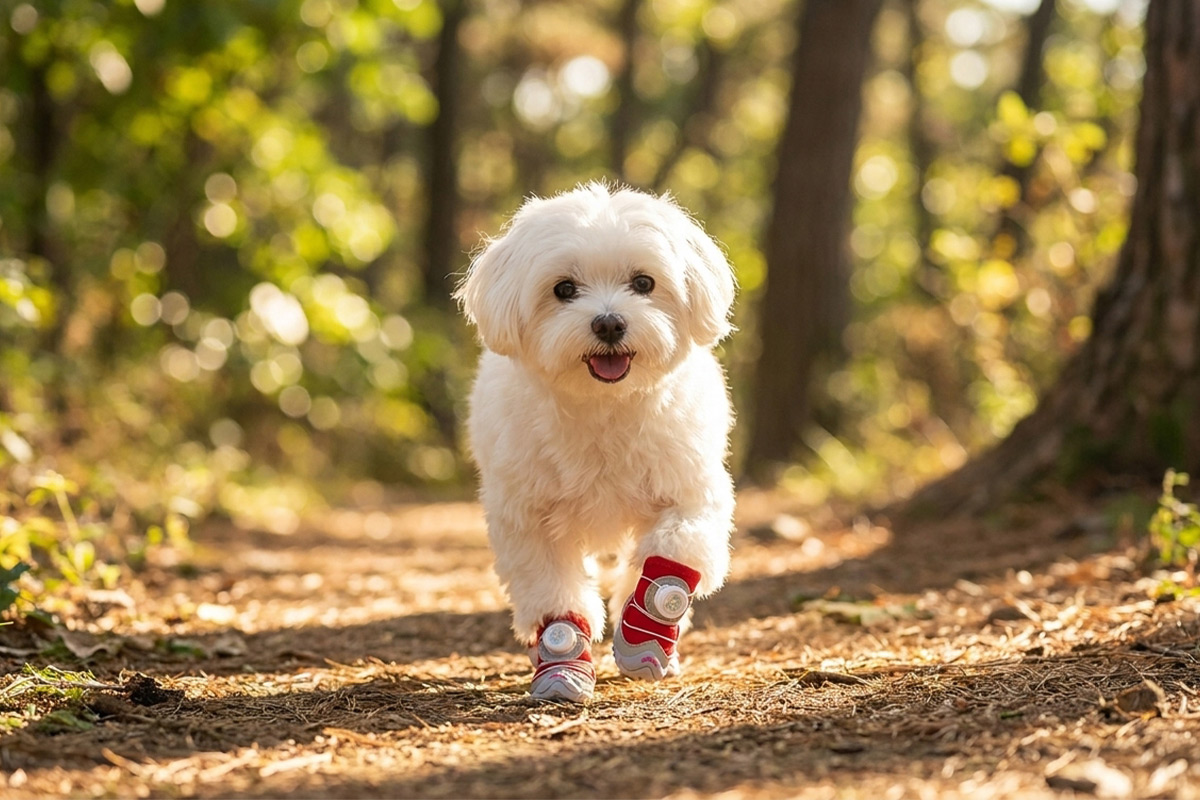 A small white Maltese dog walking down a dirt forest path wearing crimson red fleece lined dog shoes.