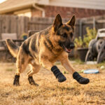 German Shepherd leaping aggressively across dry backyard lawn in stealth black high-top outdoor dog boots.