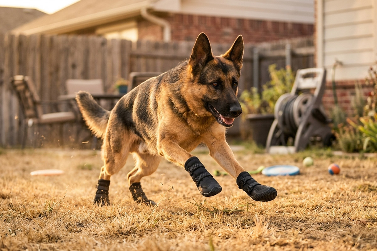 German Shepherd leaping aggressively across dry backyard lawn in stealth black high-top outdoor dog boots.