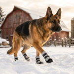 German Shepherd walking confidently past a snowy red barn wearing silver gray large breed protect boots.