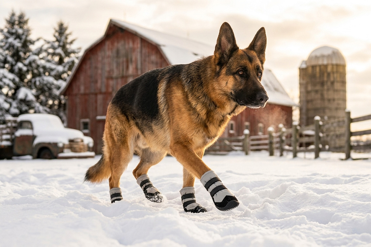 German Shepherd walking confidently past a snowy red barn wearing silver gray large breed protect boots.