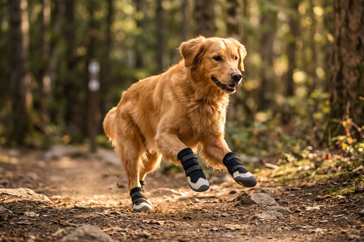 Golden Retriever leaping on a dirt trail wearing anti-slip outdoor dog boots with soft rubber soles.