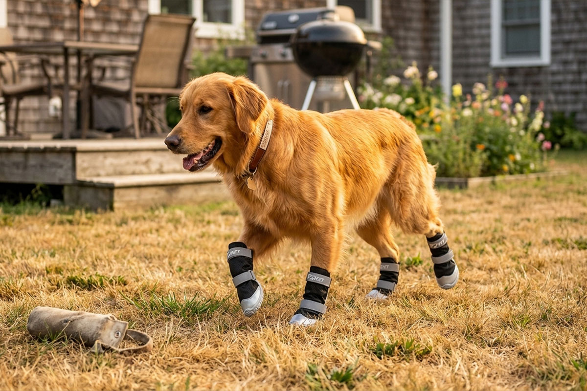 Golden Retriever walking in a sunny backyard wearing stealth black water-resistant outdoor boots for large breeds.