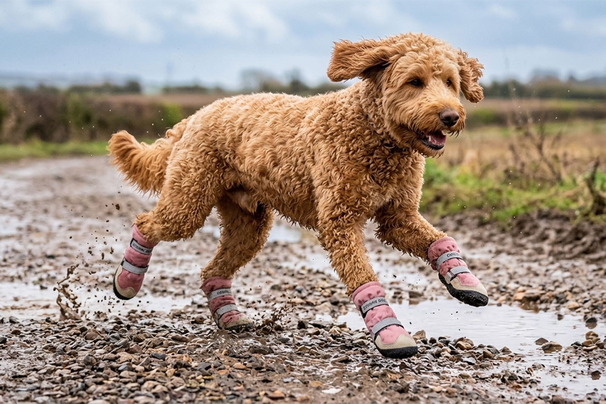 Active Goldendoodle sprinting through a muddy puddle wearing blush pink water-resistant dog boots.
