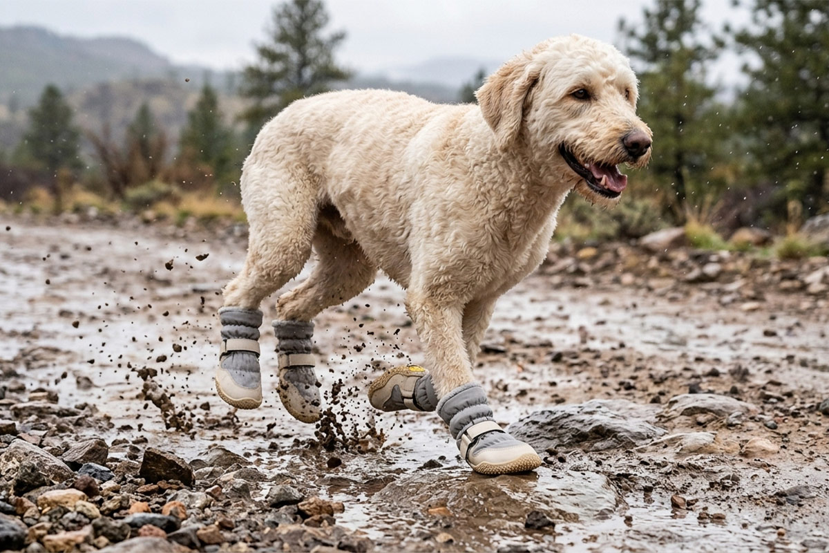 Goldendoodle charging through muddy water puddle wearing silver gray water-resistant winter dog boots.