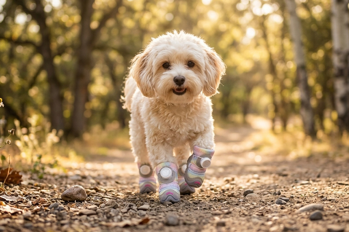 A small tan Doodle dog walking down a sunlit forest path wearing unicorn pink dazzling dial-fit dog shoes.