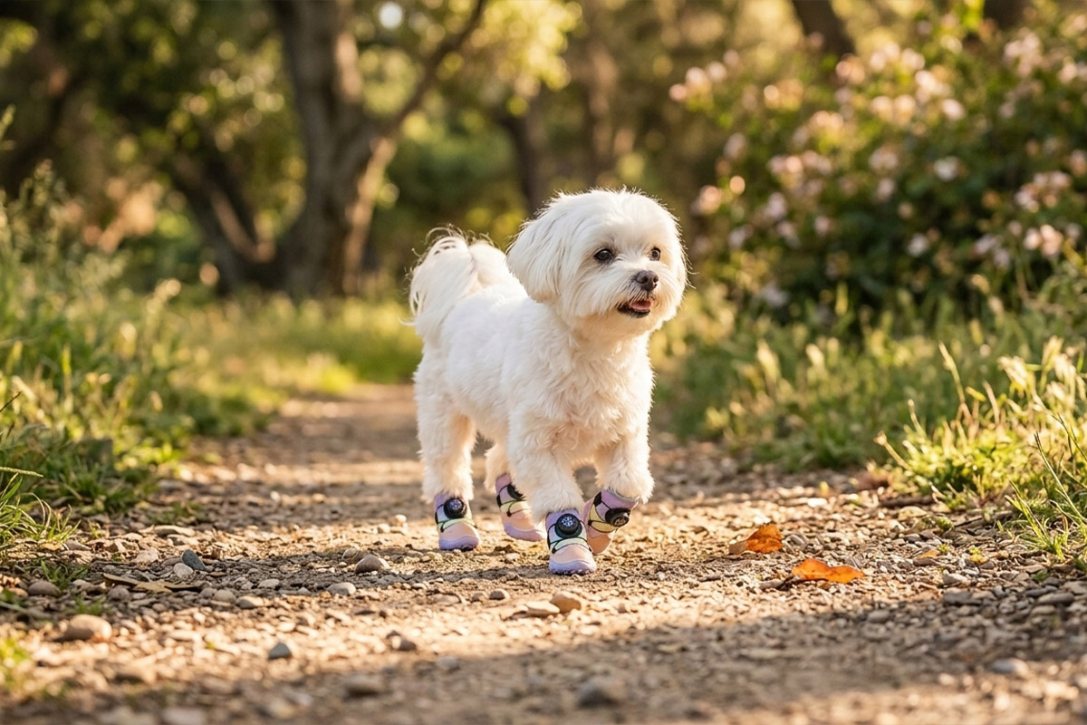 White Maltese walking elegantly on a gravel trail wearing colorful unicorn pink gradient dial-fit dog shoes.
