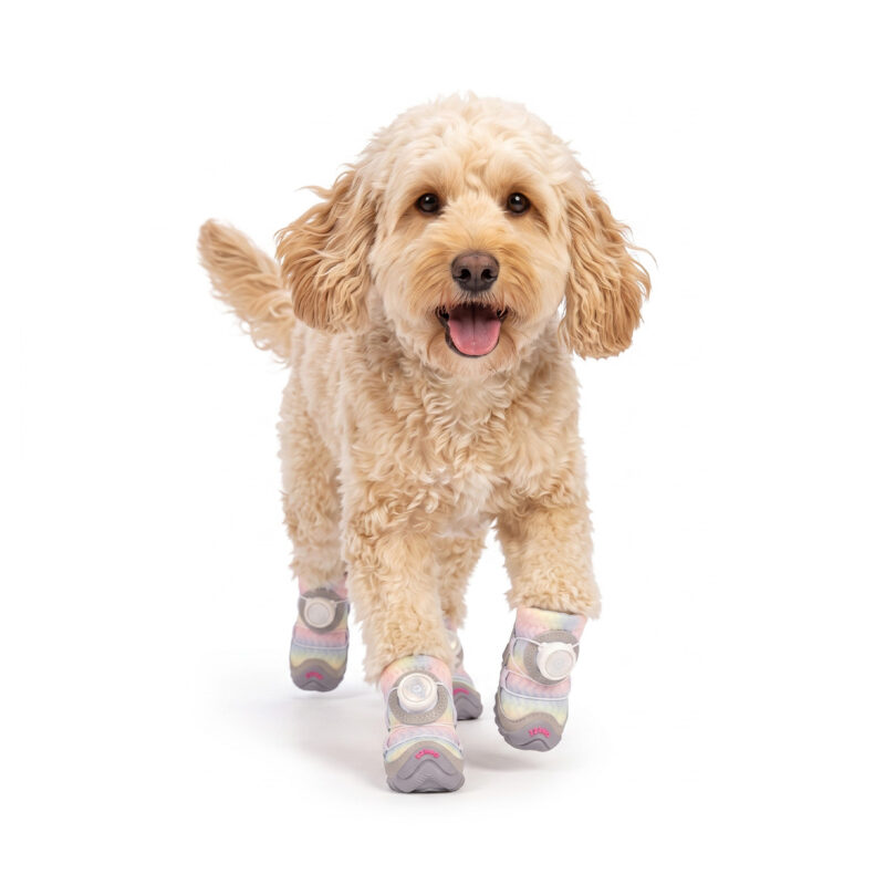 A cream Goldendoodle dog trotting forward on a white background wearing unicorn pink dazzling dial-fit dog shoes.