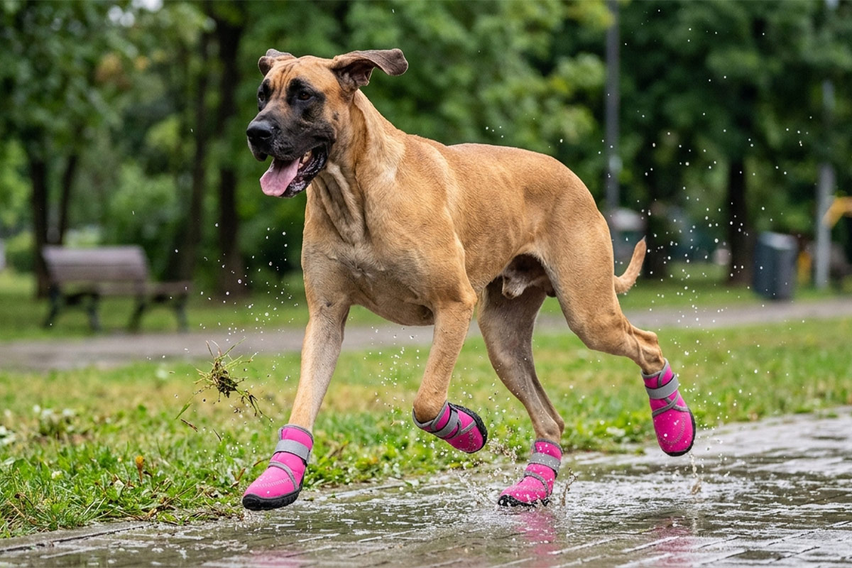 Great Dane charging through splashing rain pavement in fuchsia pink water-resistant sport shoes with dual straps.