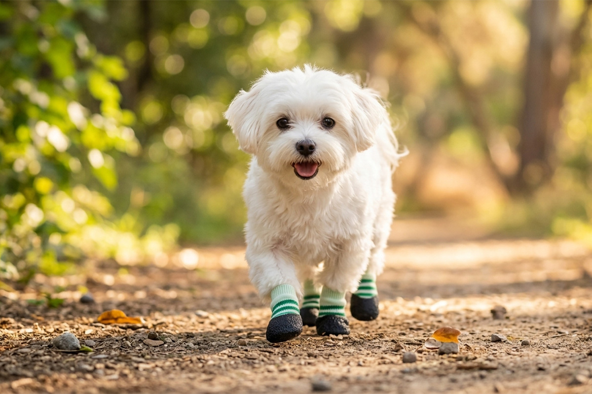 A white Maltese trotting happily on a sunlit dirt trail wearing light green hardwood floor dog socks.