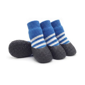 Royal blue anti-slip indoor dog socks featuring thick white athletic stripes and flexible vulcanized latex outsoles.