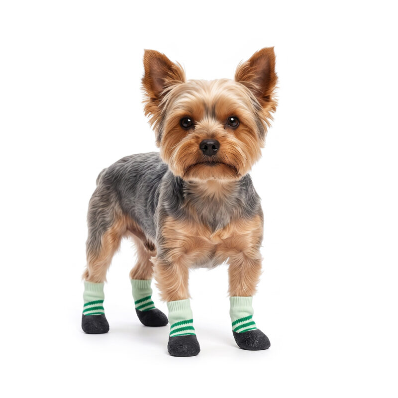 Yorkshire Terrier standing in sage green hardwood floor dog socks featuring seamless protective black bottoms.