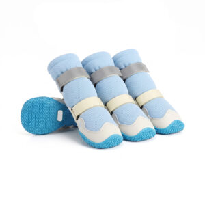 Premium high-top dog boots in blue and cream with flexible non-slip rubber soles for outdoor protection.