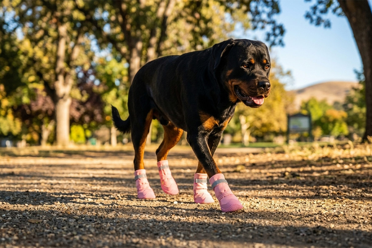 A large black and tan Rottweiler dog walking on a sunny gravel park path wearing blush pink protective high-top dog boots.