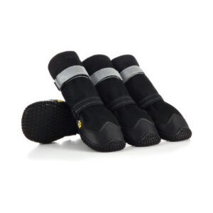 Four stealth black high-top dog boots featuring easy on-off reflective straps and a durable, anti-slip rubber tread sole, isolated on white.