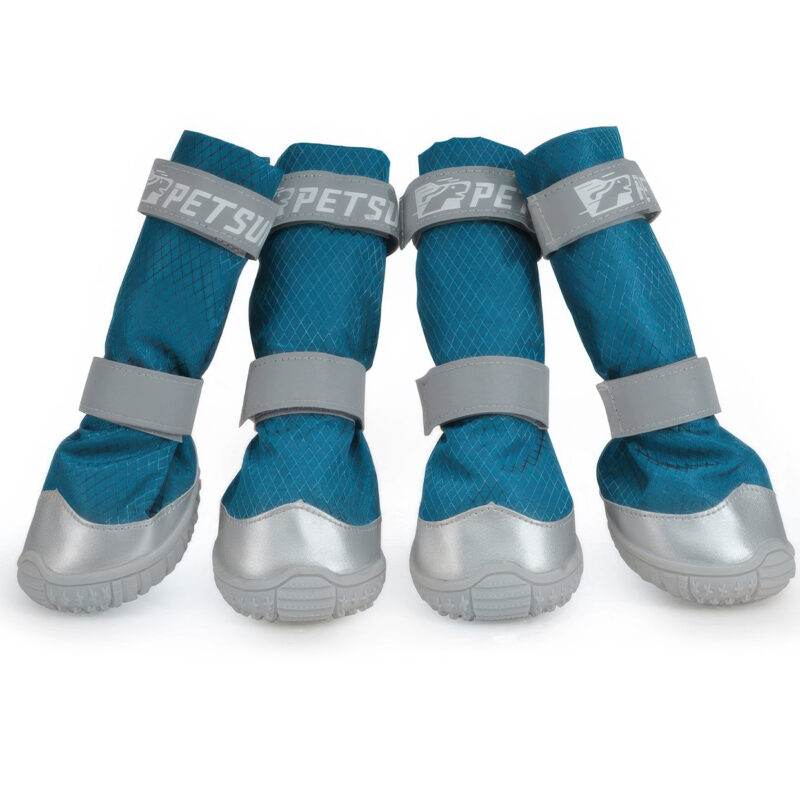 Four high-top outdoor boots in ocean teal showcasing the long sleeve shaft design for large and medium dog protection.