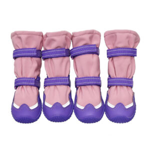 High-Top Winter Dog Boots Double-Strap View Front view of four high-top winter dog boots in pink and purple showcasing secure double hook-and-loop closure bands.