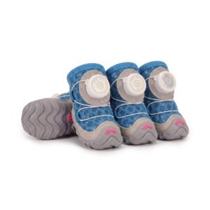 Denim Blue Honeycomb Mesh Dog Shoes Set Denim blue honeycomb mesh dog shoes displaying open-hole blue grids, gray leather mudguards, and white wire closure dials.